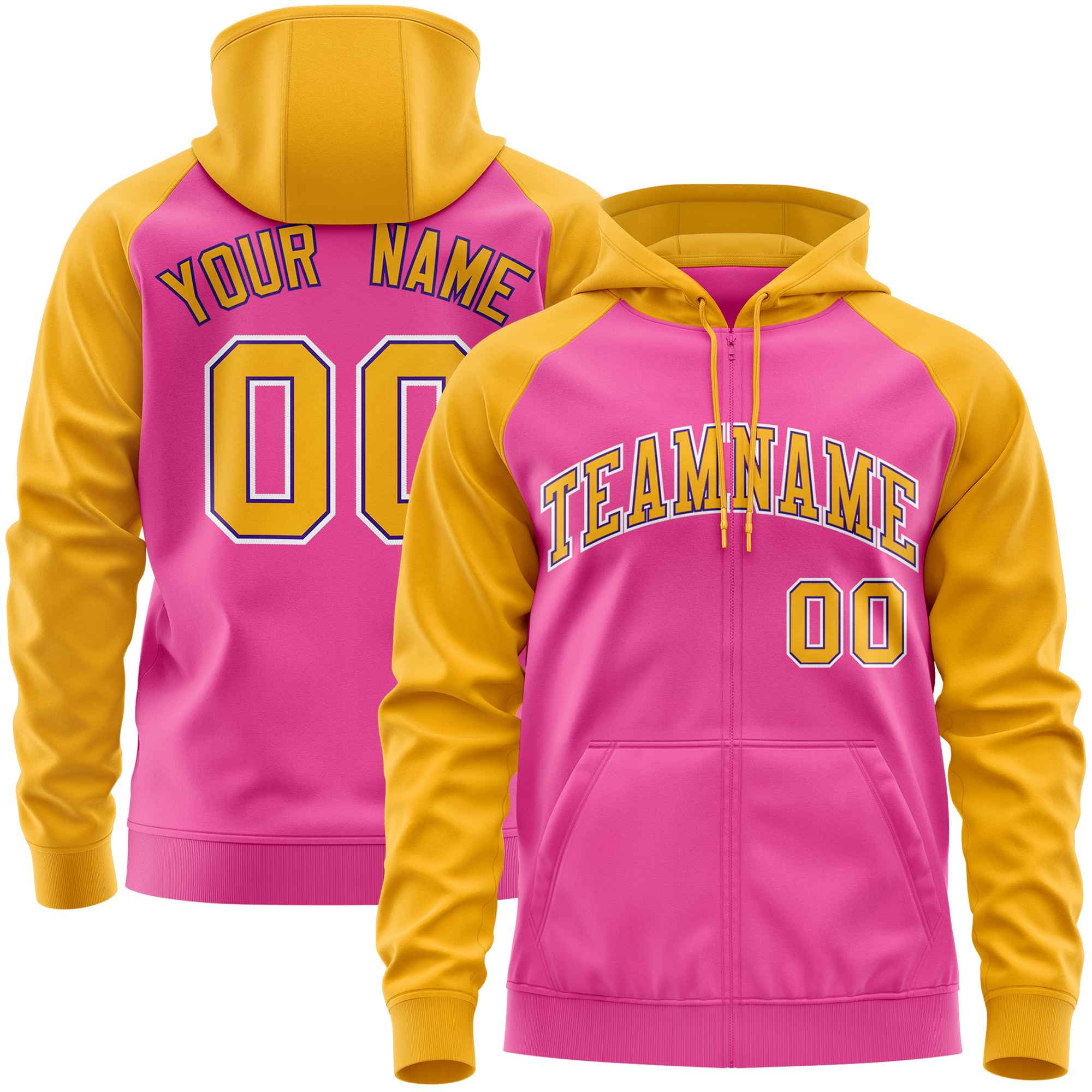 Custom Stitched Pink Gold Raglan Sleeves Sports Full-Zip Sweatshirt Hoodie