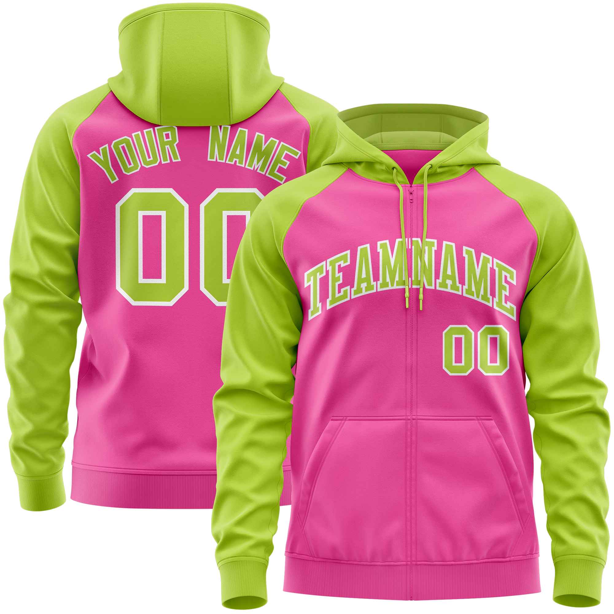 Custom Stitched Pink Neon Green Raglan Sleeves Sports Full-Zip Sweatshirt Hoodie