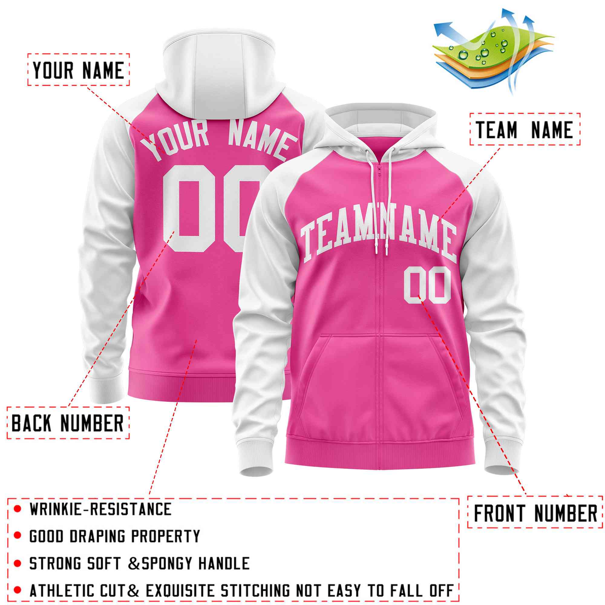 Custom Stitched Pink White Raglan Sleeves Sports Full-Zip Sweatshirt Hoodie