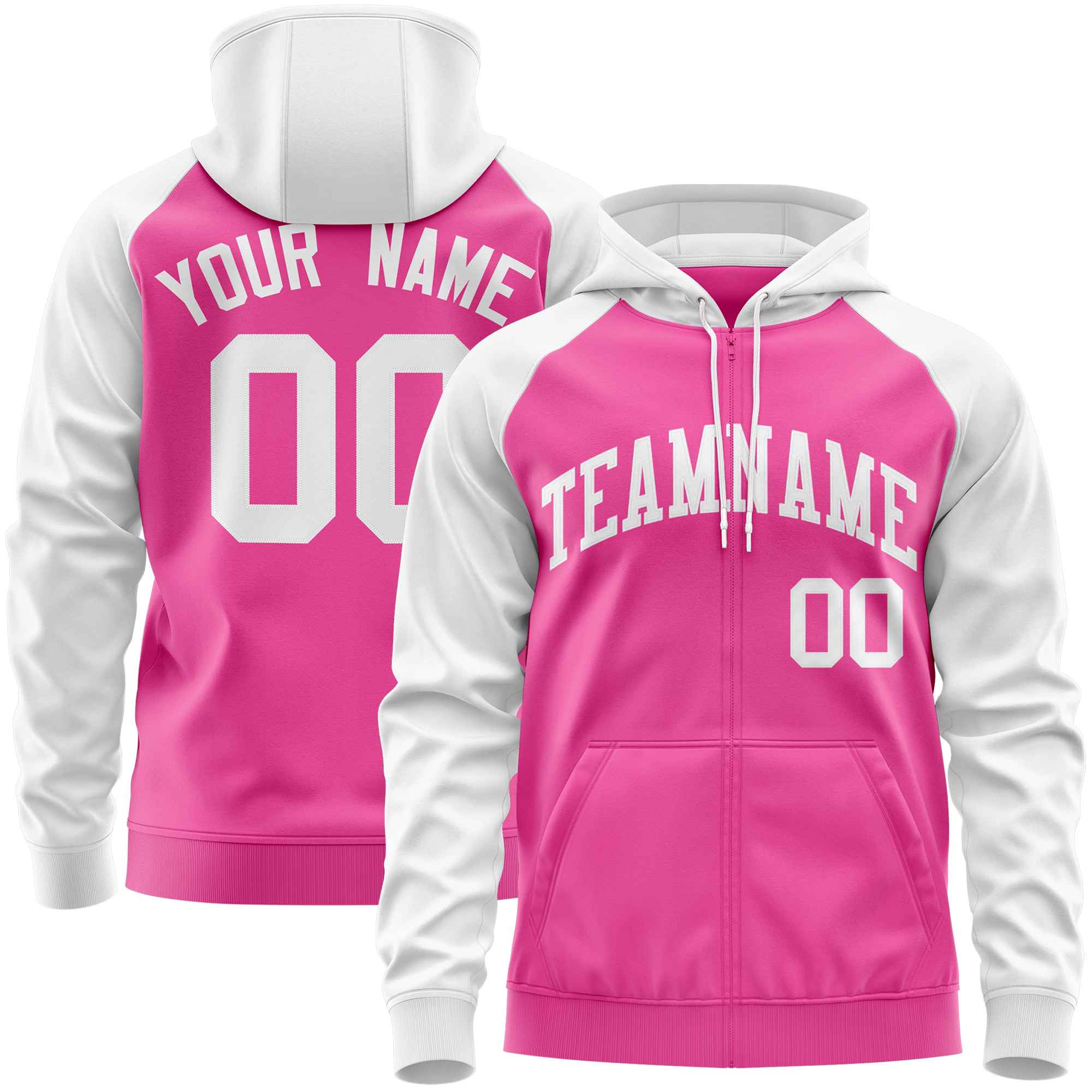 Custom Stitched Pink White Raglan Sleeves Sports Full-Zip Sweatshirt Hoodie