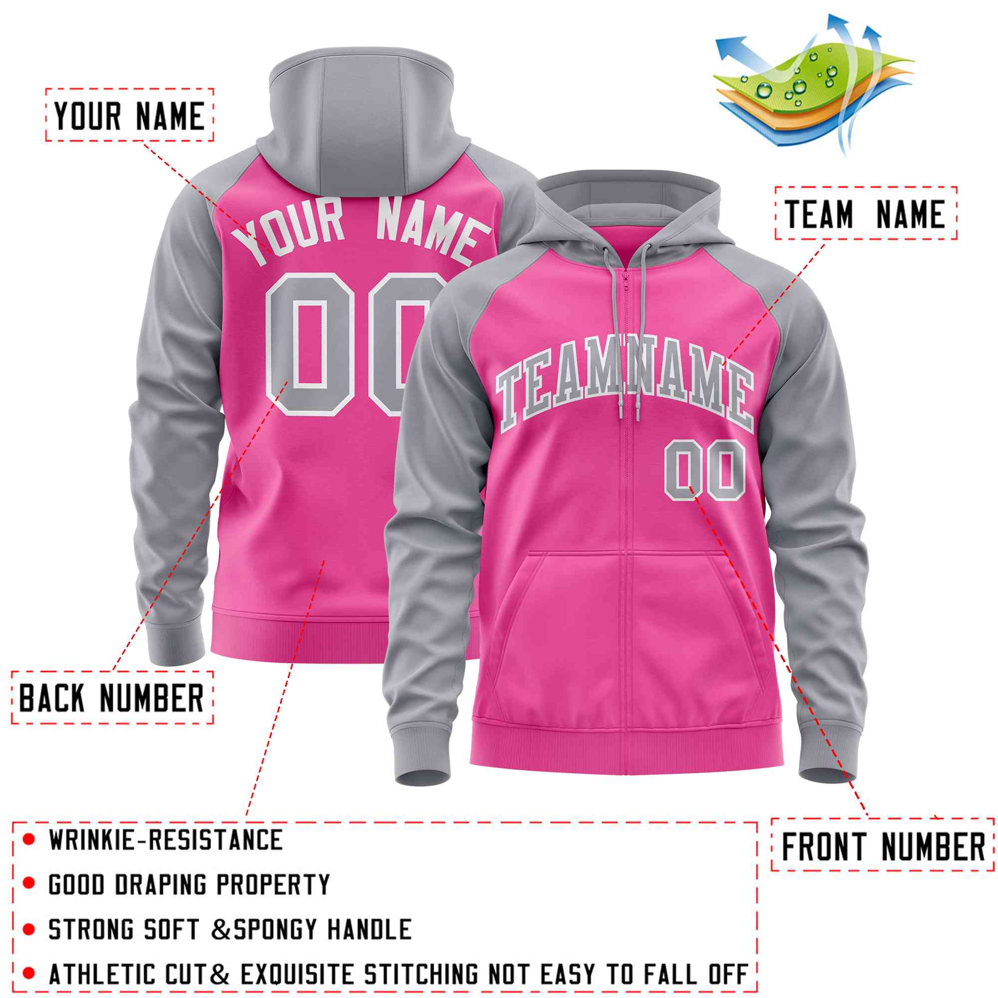 Custom Stitched Pink Light Gray Raglan Sleeves Sports Full-Zip Sweatshirt Hoodie