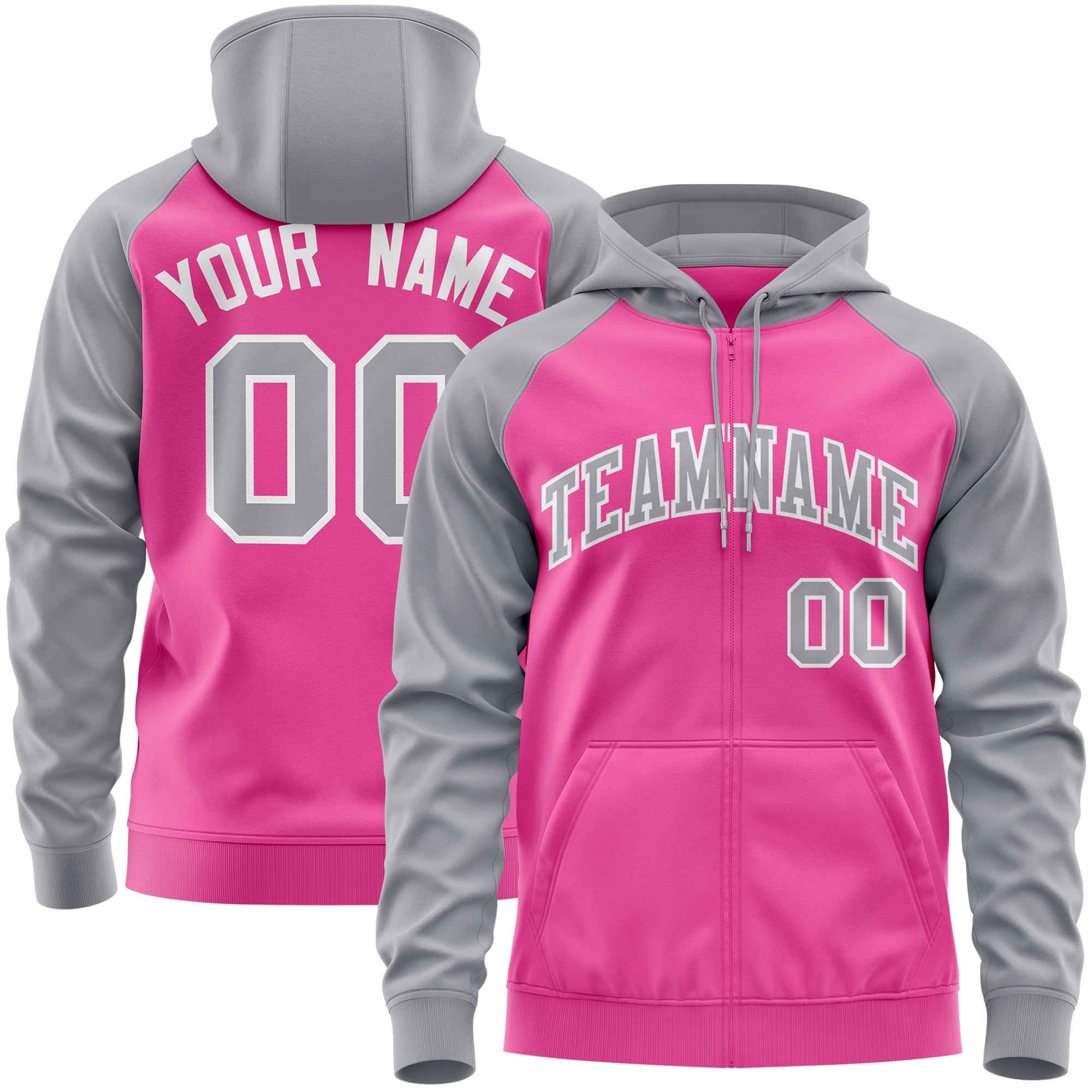 Custom Stitched Pink Light Gray Raglan Sleeves Sports Full-Zip Sweatshirt Hoodie