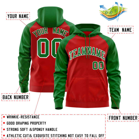 Custom Stitched Red Kelly Green Raglan Sleeves Sports Full-Zip Sweatshirt Hoodie