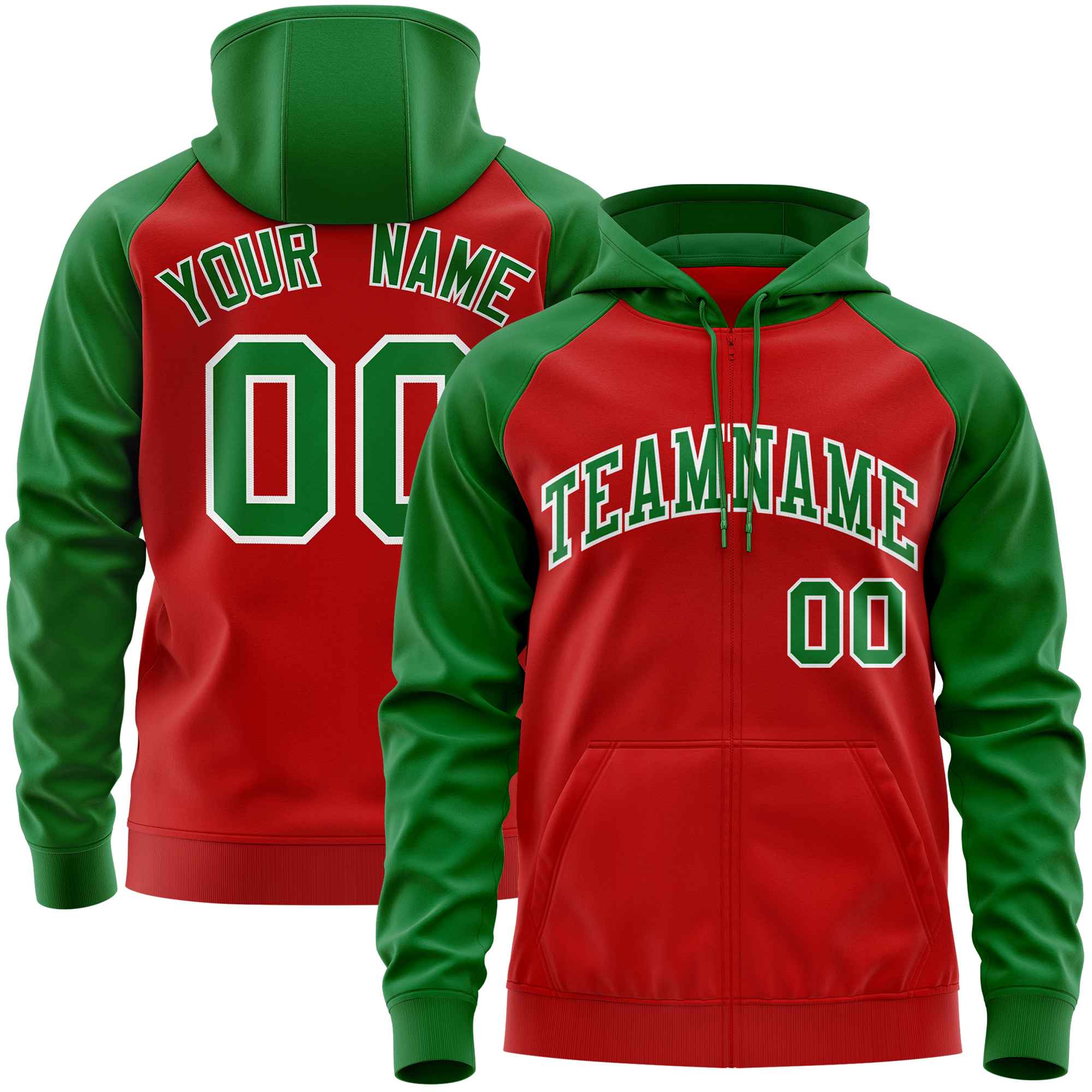 Custom Stitched Red Kelly Green Raglan Sleeves Sports Full-Zip Sweatshirt Hoodie