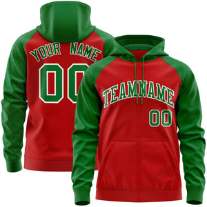 Custom Stitched Red Kelly Green Raglan Sleeves Sports Full-Zip Sweatshirt Hoodie