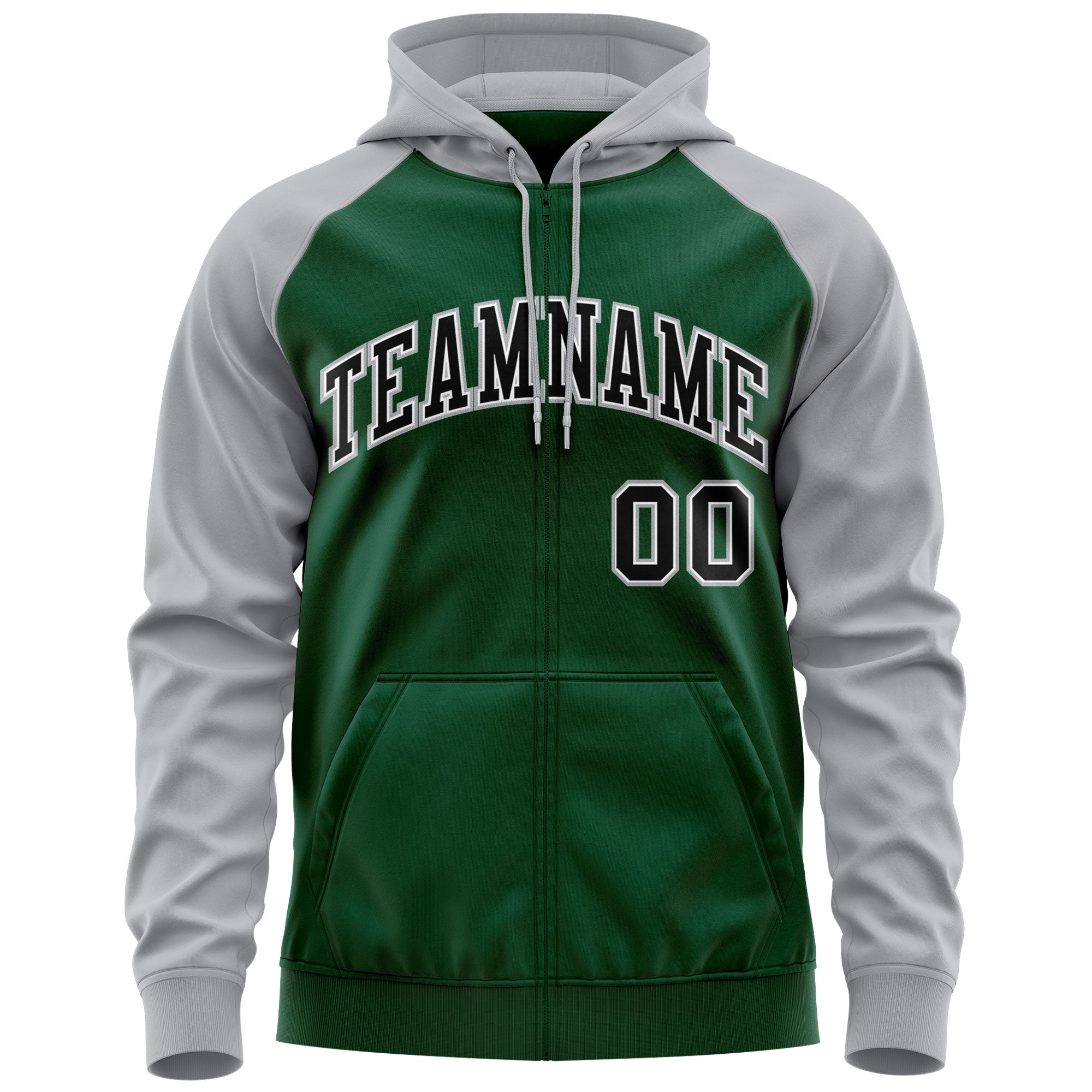 Custom Stitched Green Black-Gray Raglan Sleeves Sports Full-Zip Sweatshirt Hoodie