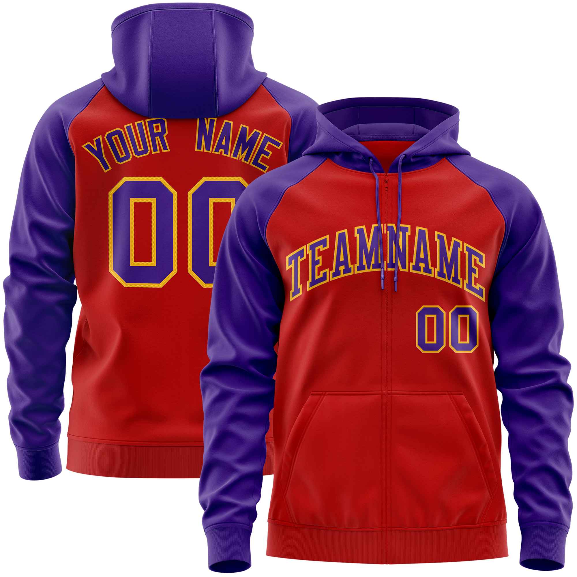 Custom Stitched Red Purple Raglan Sleeves Sports Full-Zip Sweatshirt Hoodie