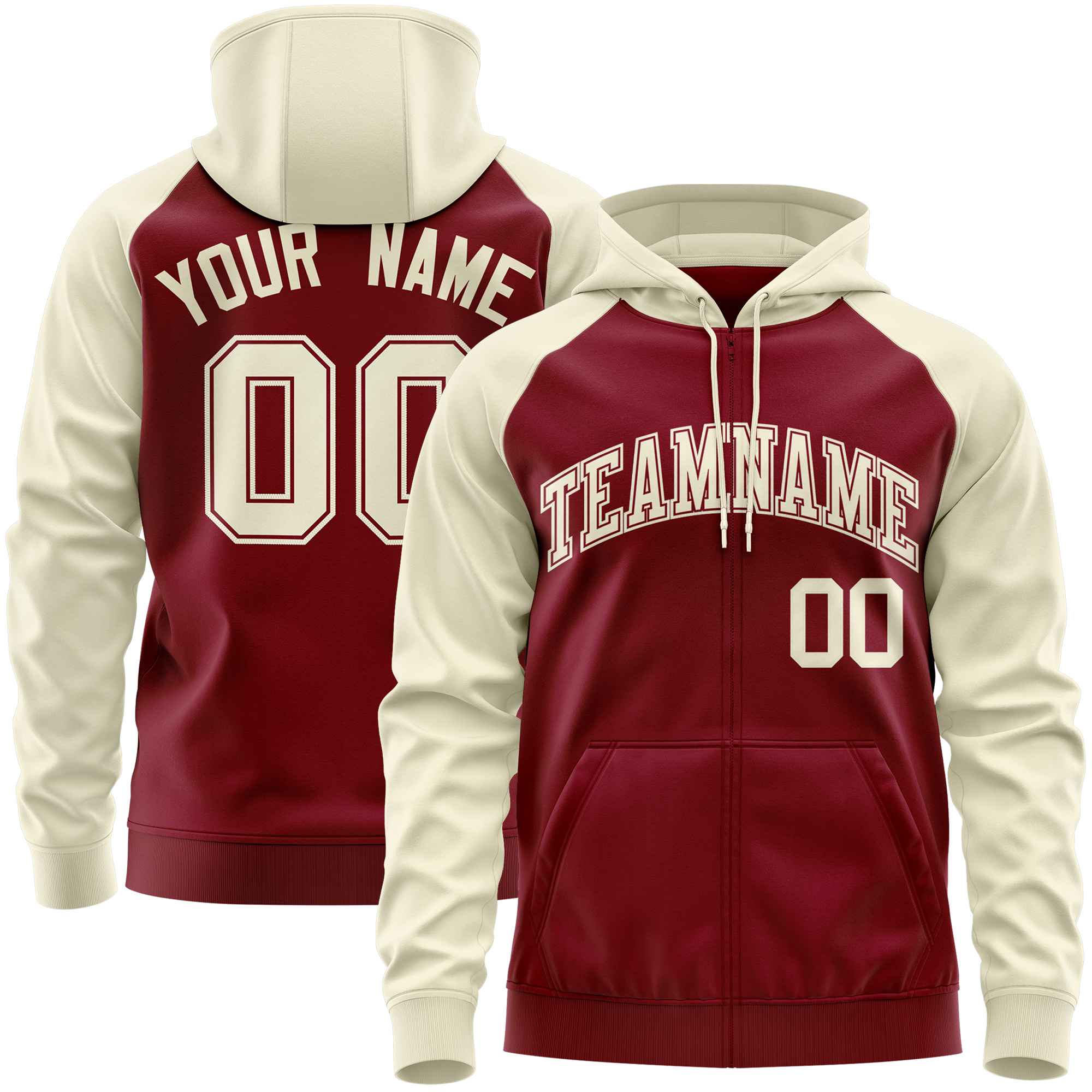 Custom Stitched Crimson Cream Raglan Sleeves Sports Full-Zip Sweatshirt Hoodie