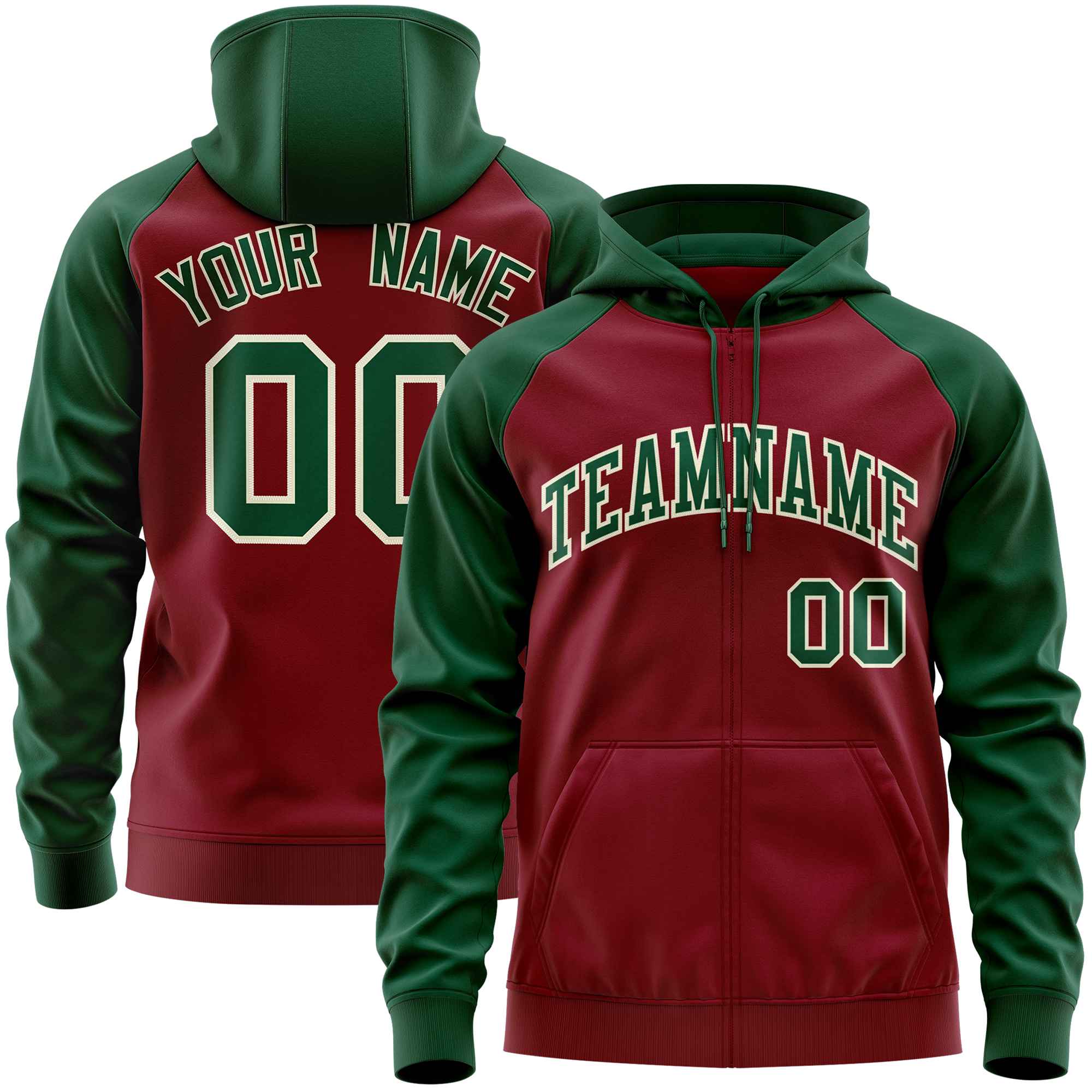 Custom Stitched Crimson Green Raglan Sleeves Sports Full-Zip Sweatshirt Hoodie