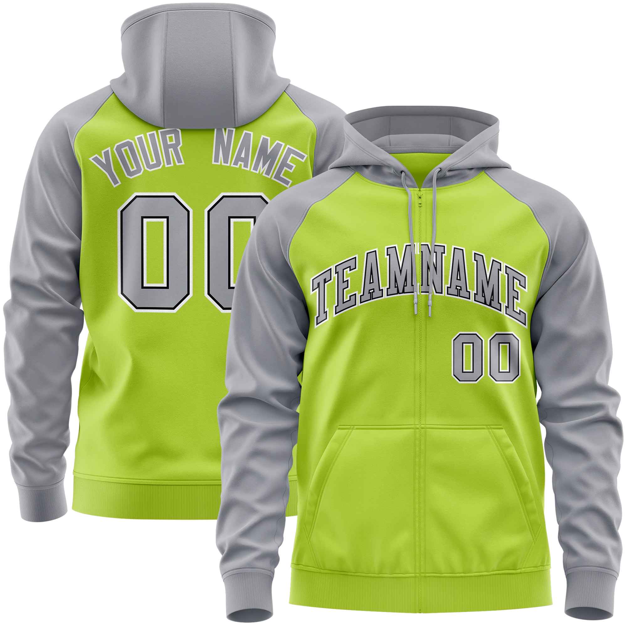 Custom Stitched Neon Green Light Gray Raglan Sleeves Sports Full-Zip Sweatshirt Hoodie