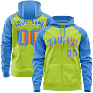 Custom Stitched Neon Green Powder Blue Raglan Sleeves Sports Full-Zip Sweatshirt Hoodie