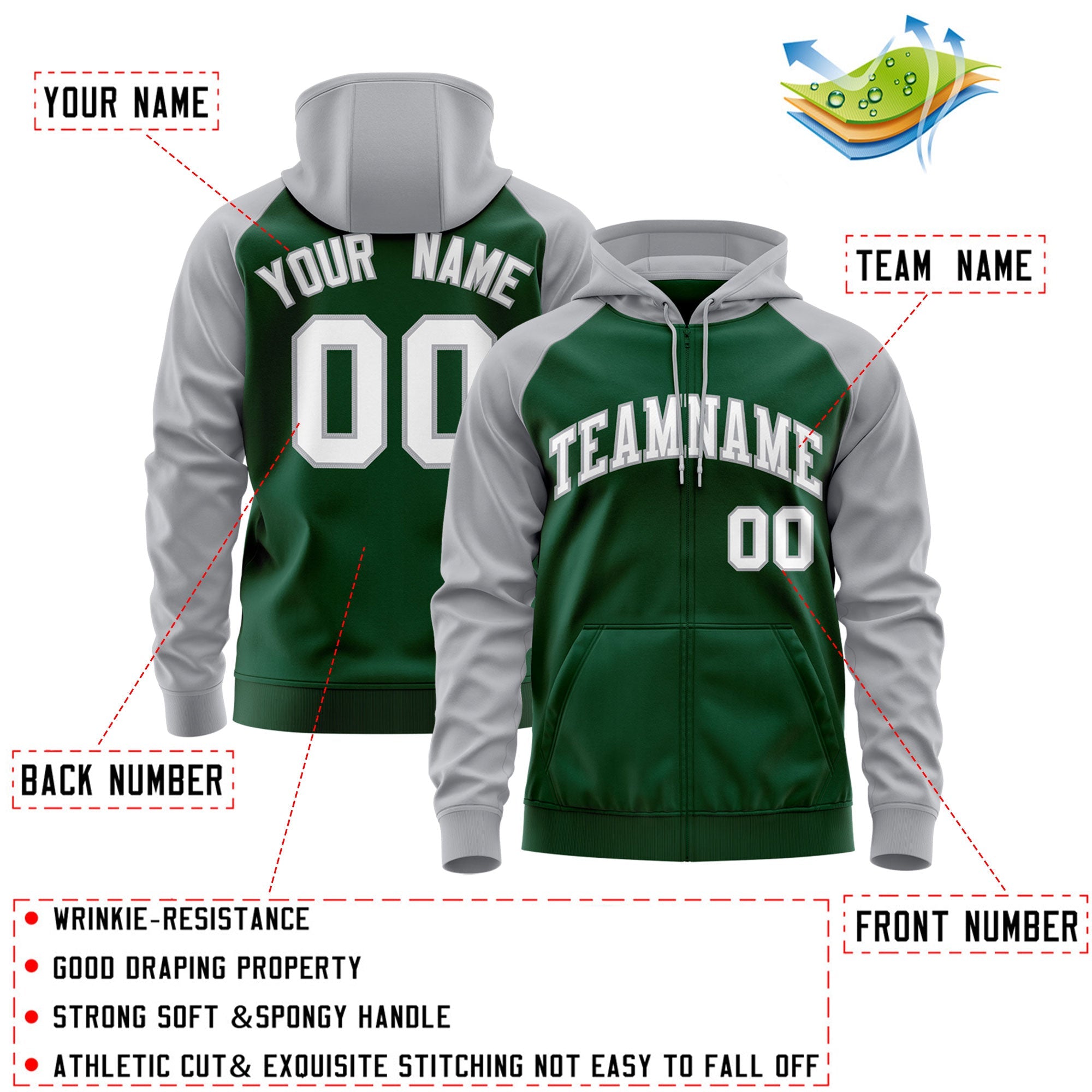 Custom Stitched Green White-Gray Raglan Sleeves Sports Full-Zip Sweatshirt Hoodie