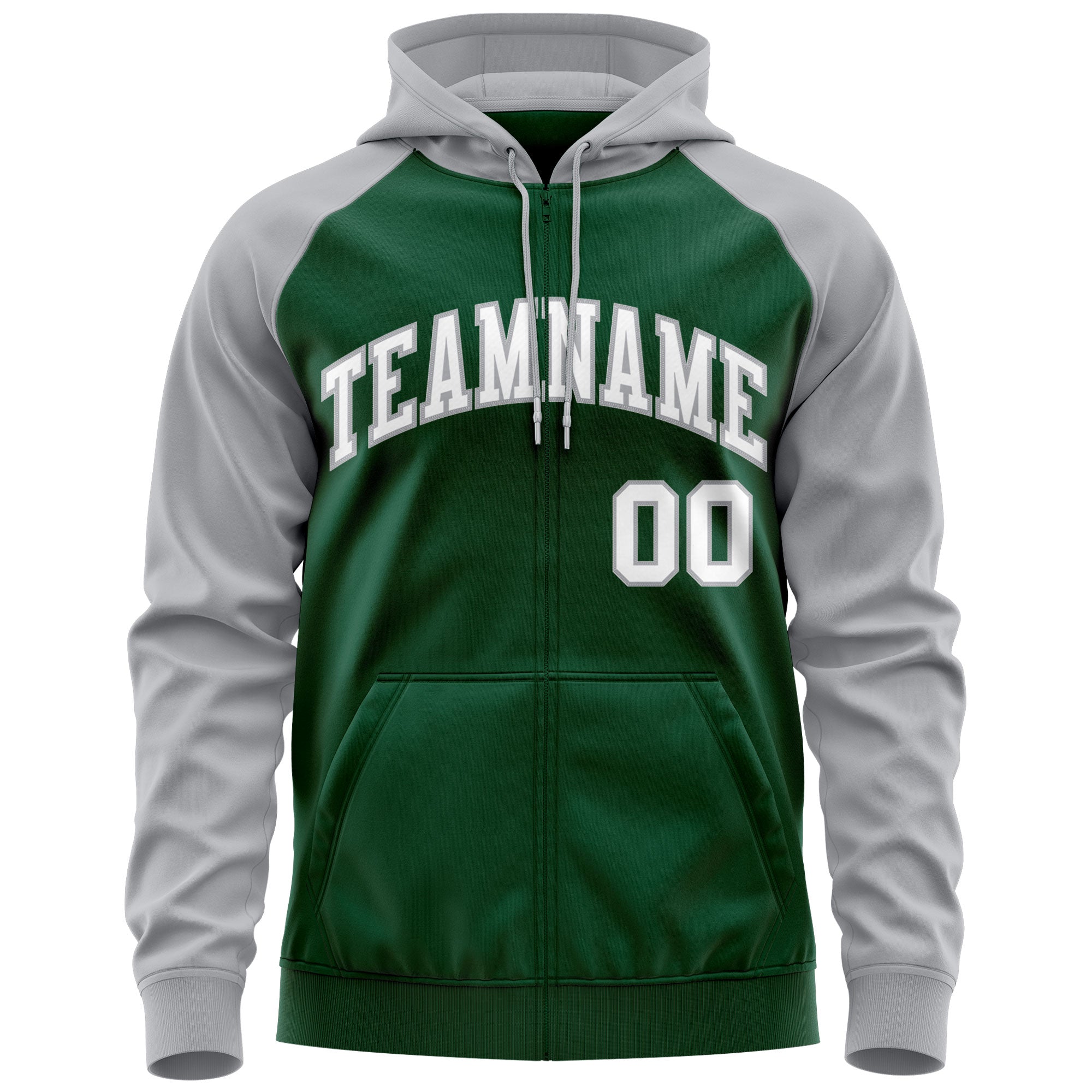 Custom Stitched Green White-Gray Raglan Sleeves Sports Full-Zip Sweatshirt Hoodie