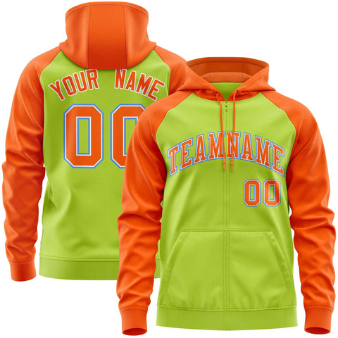 Custom Stitched Neon Green Orange Raglan Sleeves Sports Full-Zip Sweatshirt Hoodie