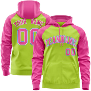 Custom Stitched Neon Green Pink Raglan Sleeves Sports Full-Zip Sweatshirt Hoodie