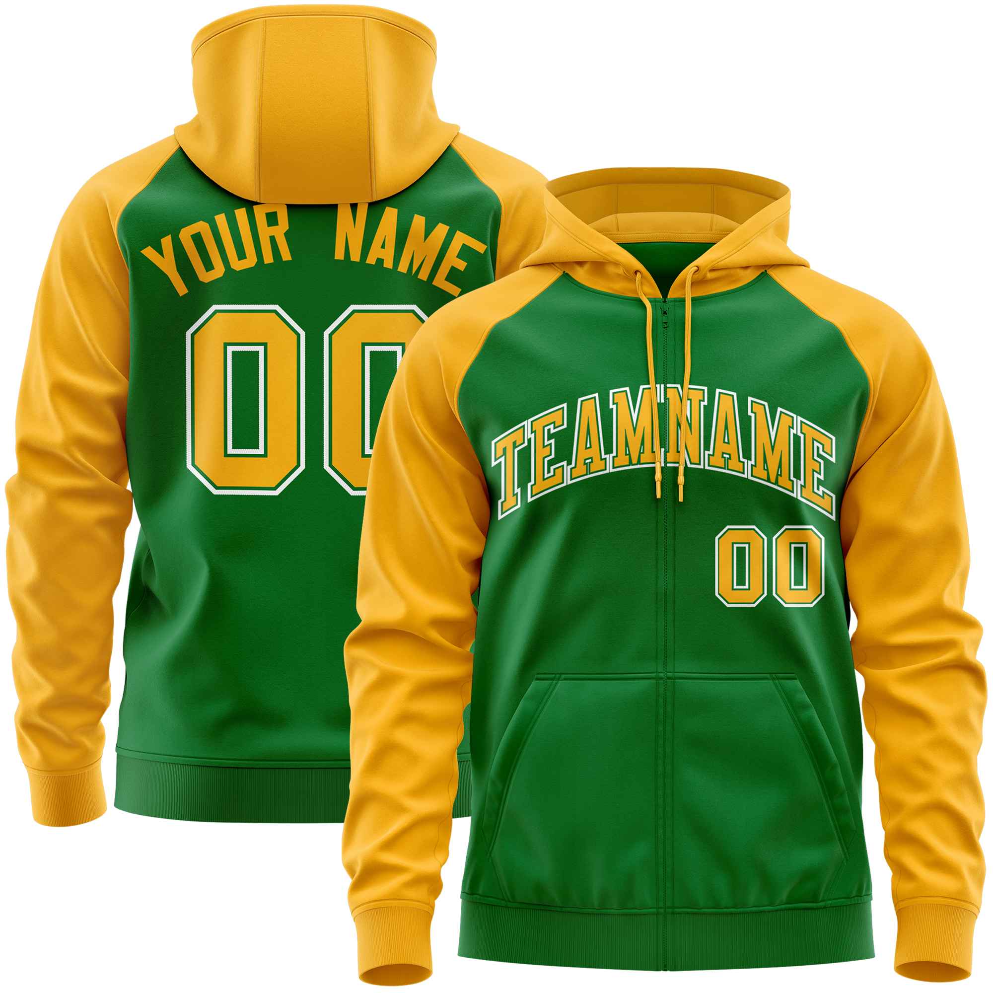 Custom Stitched Kelly Green Gold Raglan Sleeves Sports Full-Zip Sweatshirt Hoodie