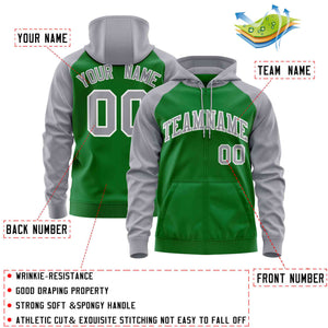 Custom Stitched Kelly Green Light Gray Raglan Sleeves Sports Full-Zip Sweatshirt Hoodie