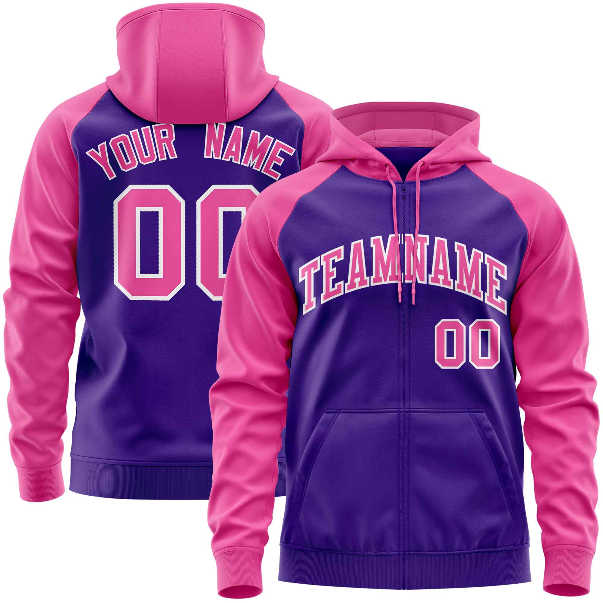 Custom Stitched Purple Pink Raglan Sleeves Sports Full-Zip Sweatshirt Hoodie