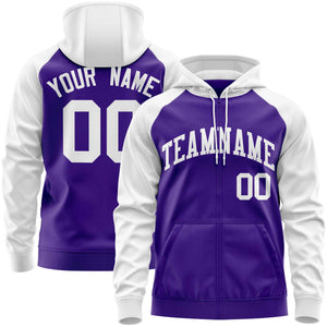 Custom Stitched Purple White Raglan Sleeves Sports Full-Zip Sweatshirt Hoodie