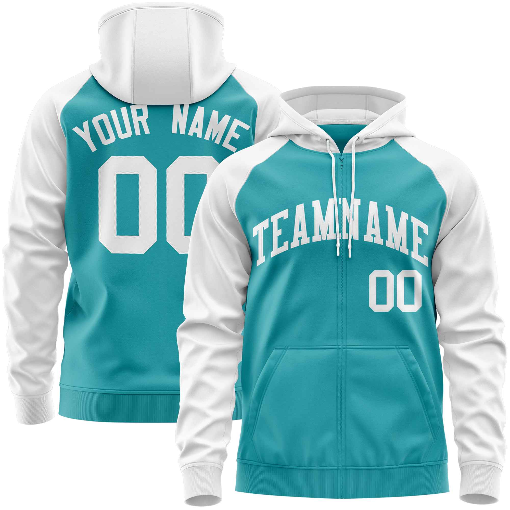 Custom Stitched Aqua White Raglan Sleeves Sports Full-Zip Sweatshirt Hoodie