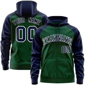 Custom Stitched Green Navy-White Raglan Sleeves Sports Full-Zip Sweatshirt Hoodie