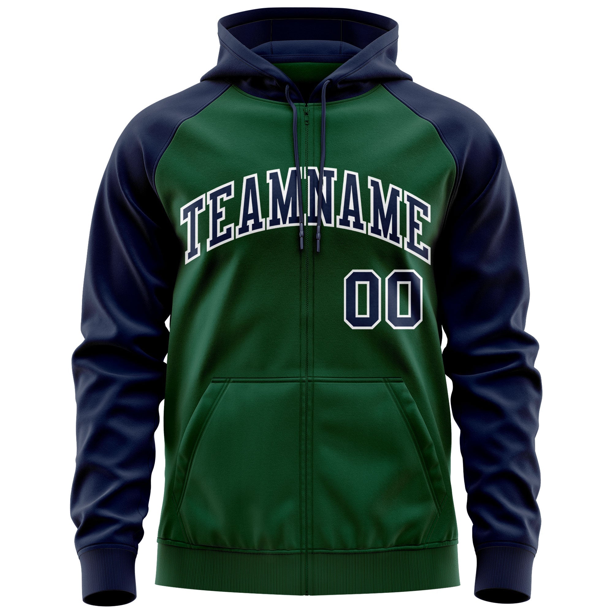 Custom Stitched Green Navy-White Raglan Sleeves Sports Full-Zip Sweatshirt Hoodie