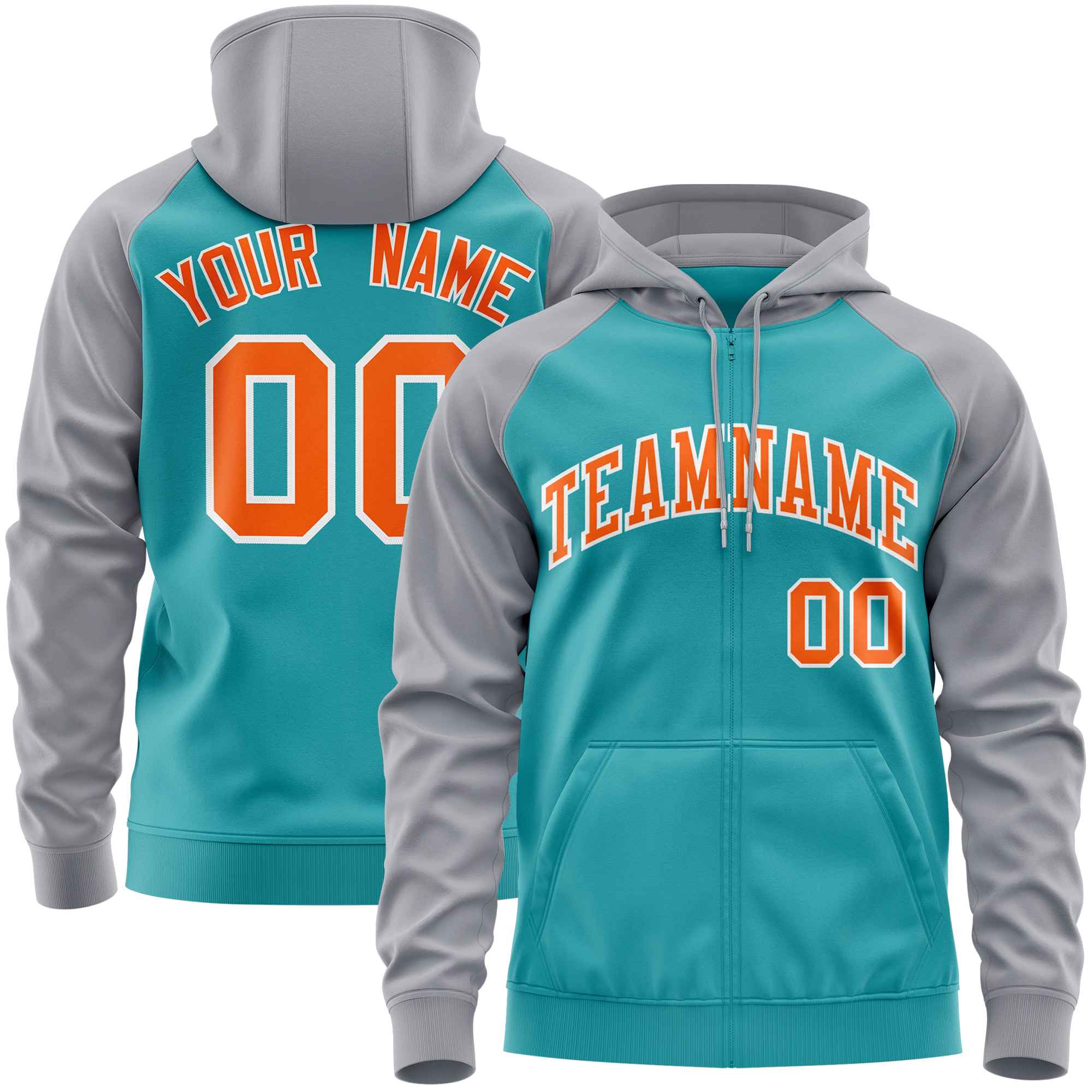 Custom Stitched Aqua Light Gray-Orange Raglan Sleeves Sports Full-Zip Sweatshirt Hoodie