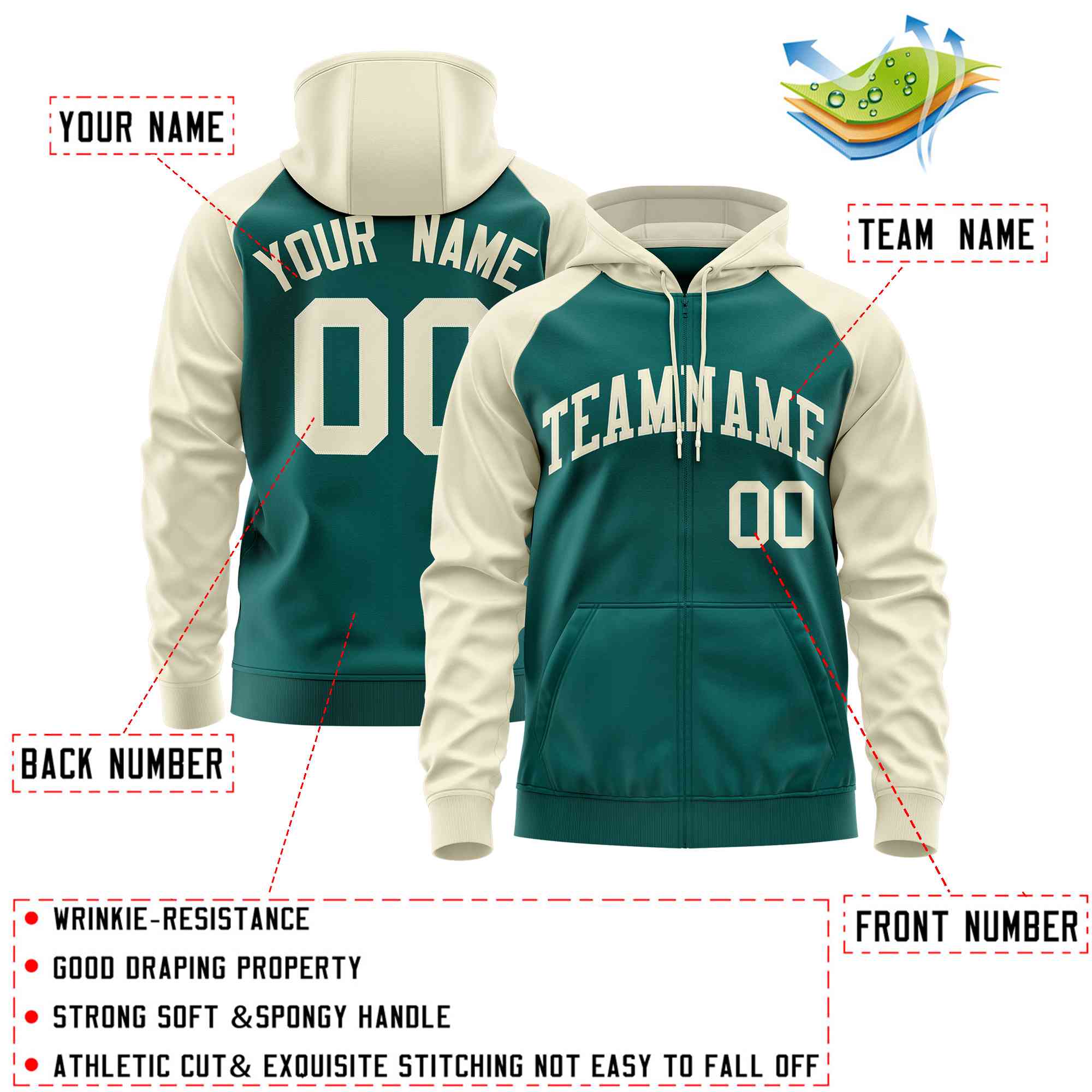 Custom Stitched Aqua Cream Raglan Sleeves Sports Full-Zip Sweatshirt Hoodie