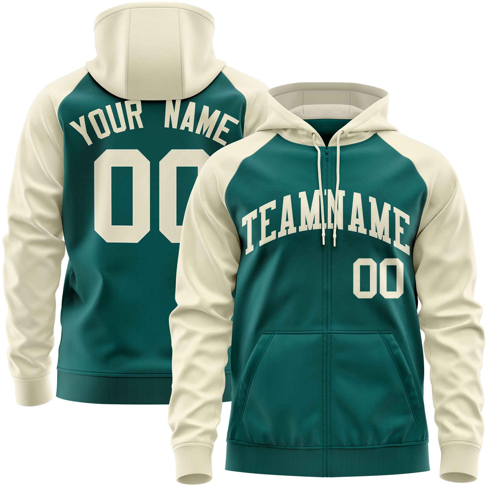 Custom Stitched Aqua Cream Raglan Sleeves Sports Full-Zip Sweatshirt Hoodie