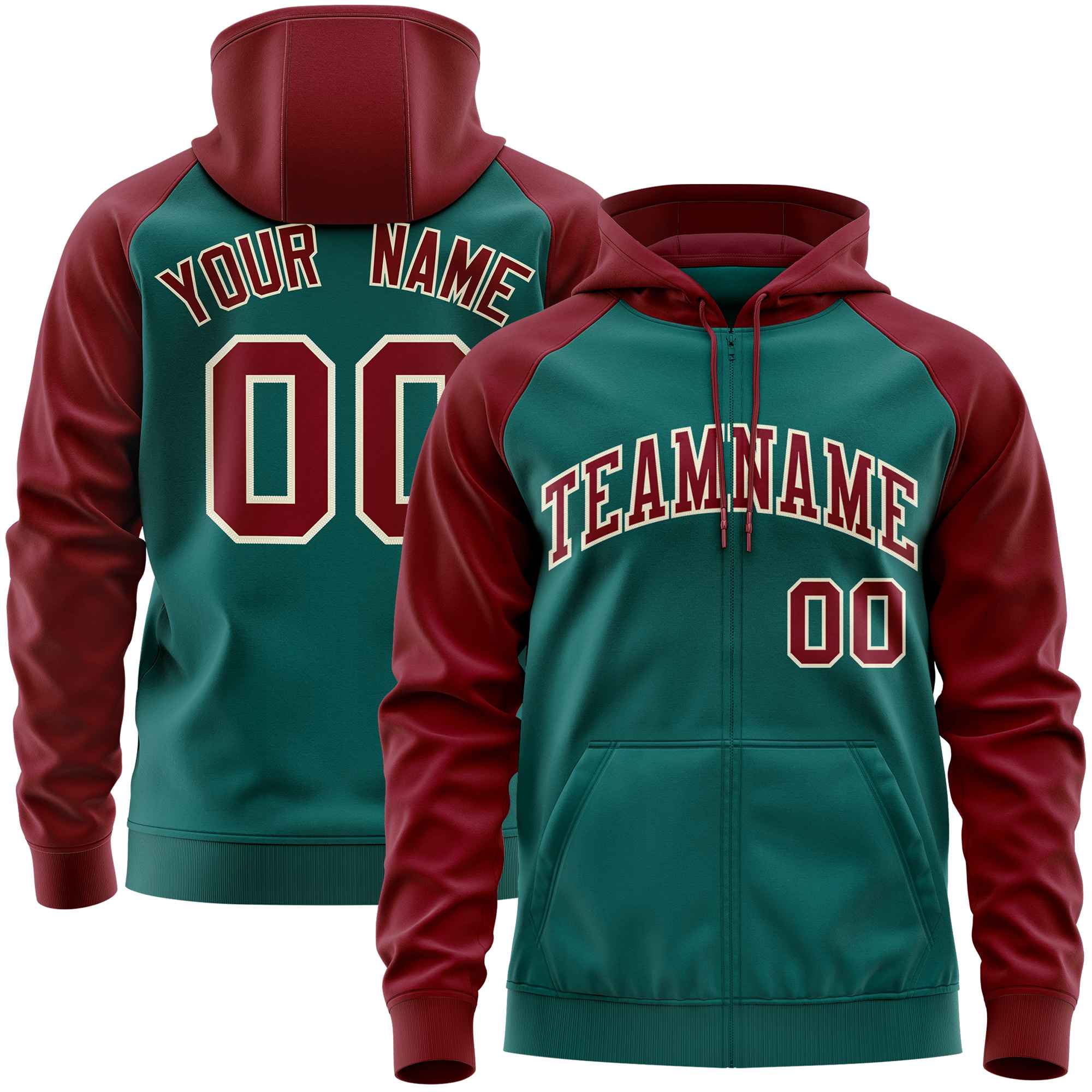 Custom Stitched Aqua Crimson Raglan Sleeves Sports Full-Zip Sweatshirt Hoodie