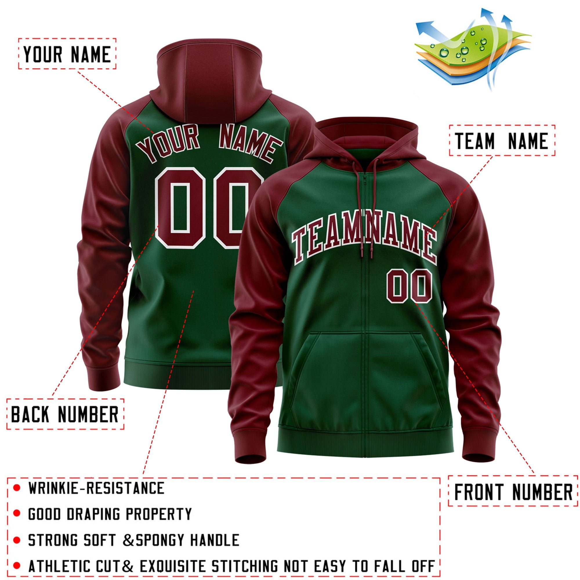 Custom Stitched Green Crimson-White Raglan Sleeves Sports Full-Zip Sweatshirt Hoodie