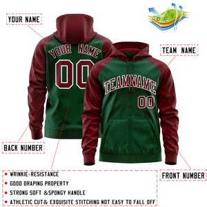 Custom Stitched Green Crimson-White Raglan Sleeves Sports Full-Zip Sweatshirt Hoodie