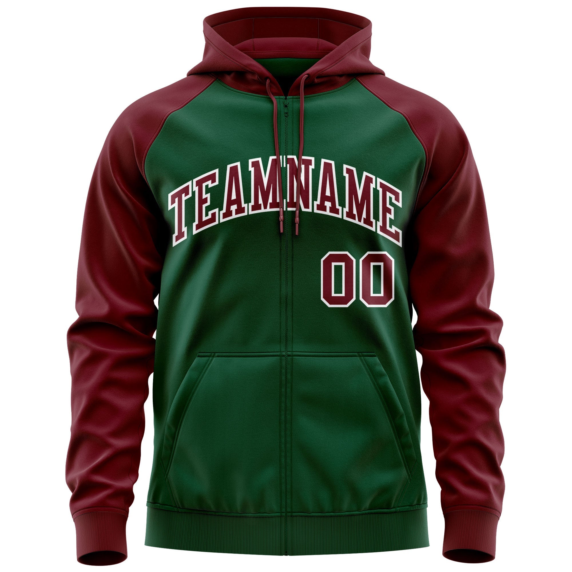 Custom Stitched Green Crimson-White Raglan Sleeves Sports Full-Zip Sweatshirt Hoodie