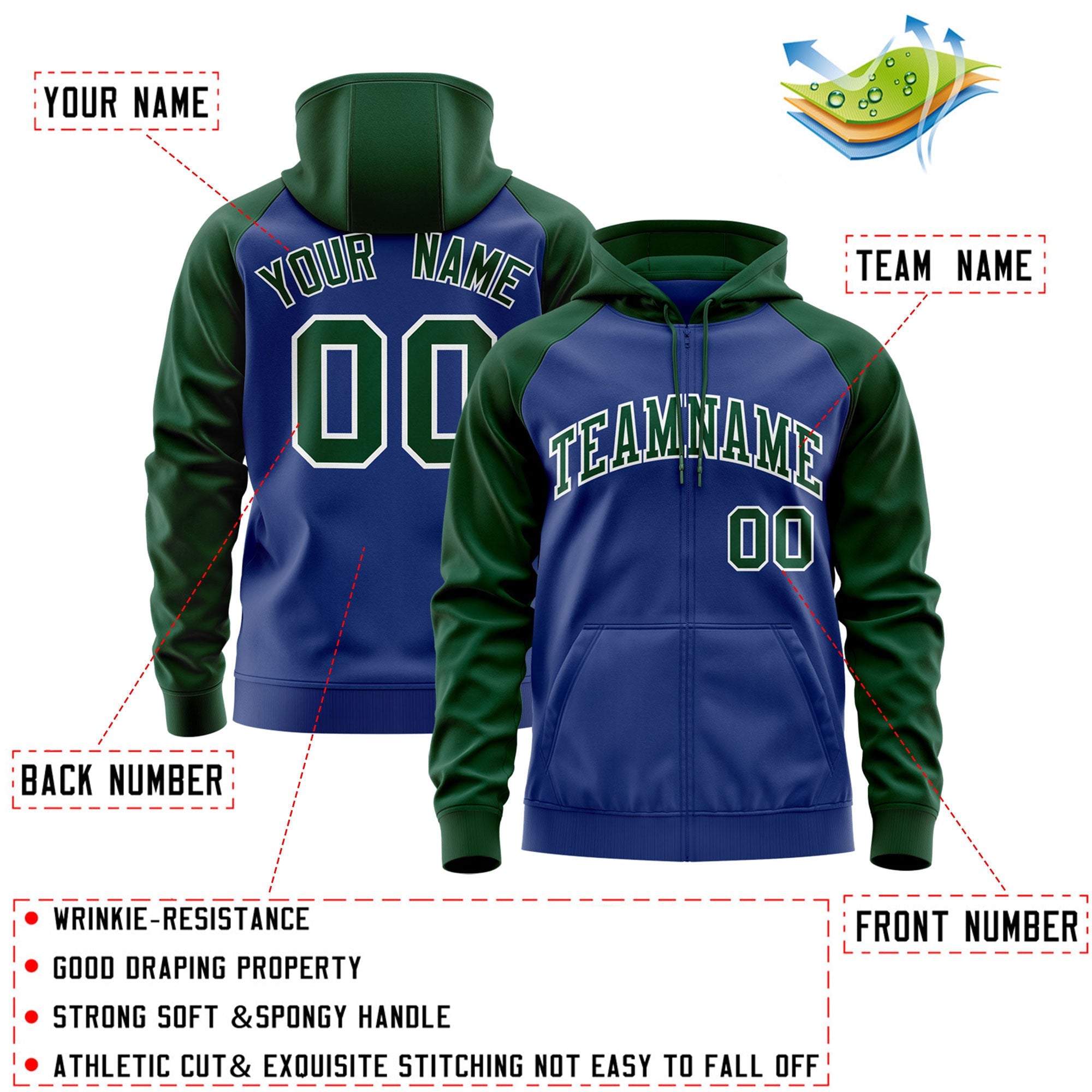 Custom Stitched Royal Green-White Raglan Sleeves Sports Full-Zip Sweatshirt Hoodie