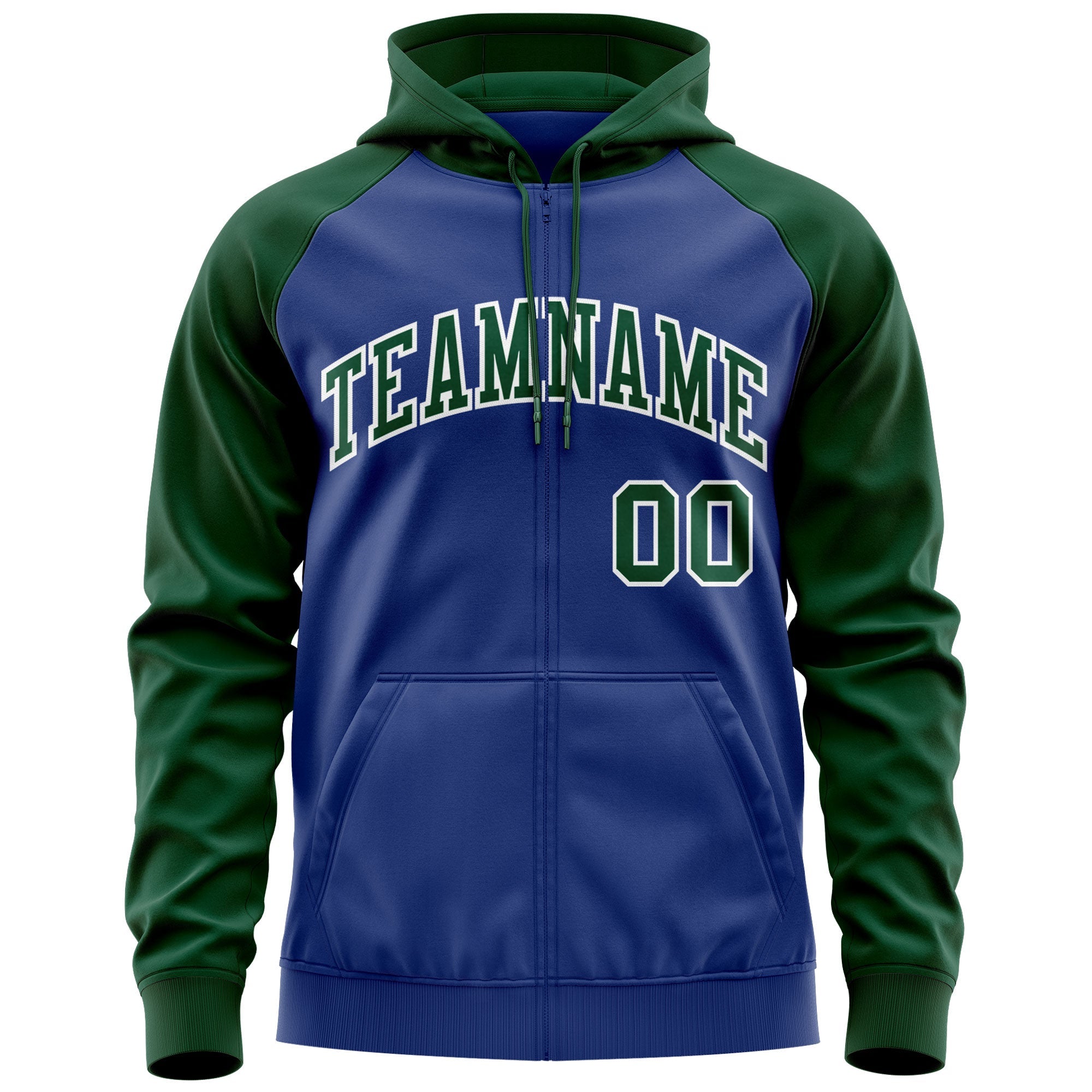 Custom Stitched Royal Green-White Raglan Sleeves Sports Full-Zip Sweatshirt Hoodie