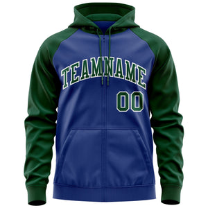 Custom Stitched Royal Green-White Raglan Sleeves Sports Full-Zip Sweatshirt Hoodie