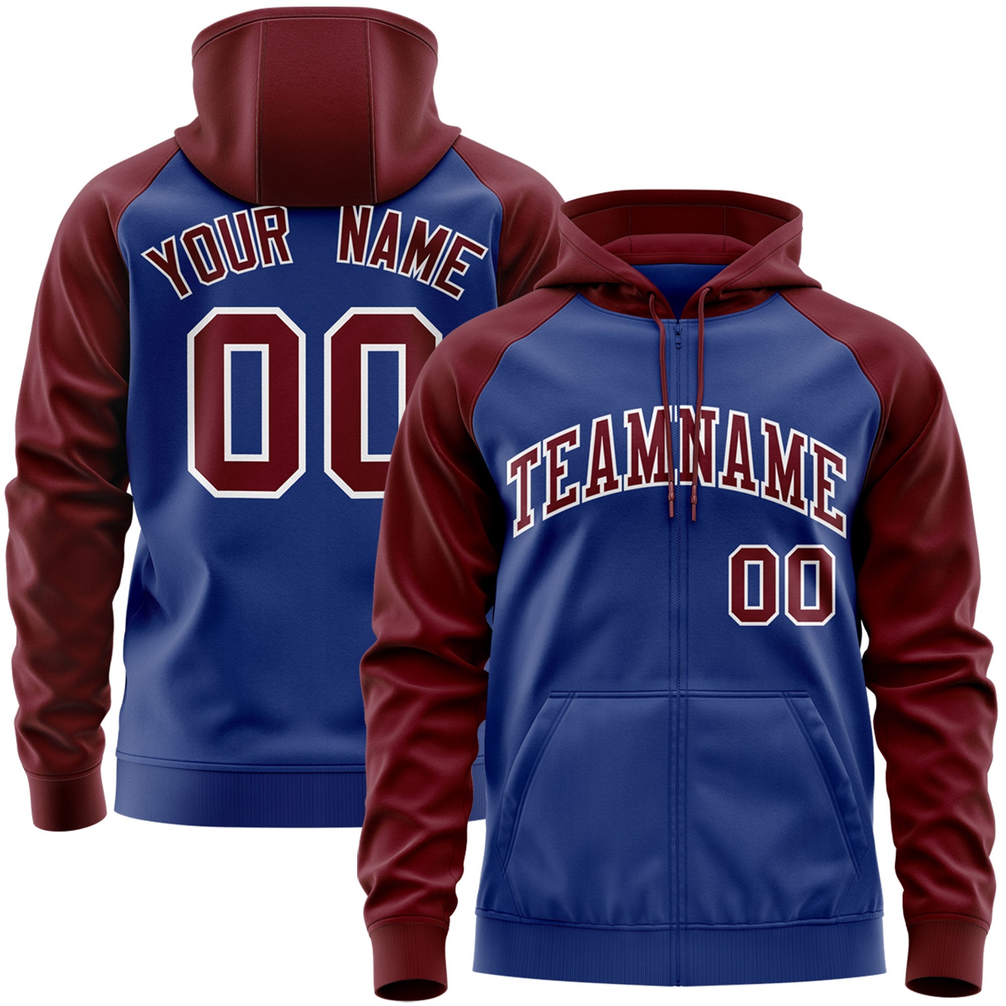 Custom Stitched Royal Crimson-White Raglan Sleeves Sports Full-Zip Sweatshirt Hoodie