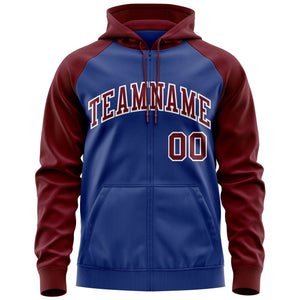 Custom Stitched Royal Crimson-White Raglan Sleeves Sports Full-Zip Sweatshirt Hoodie