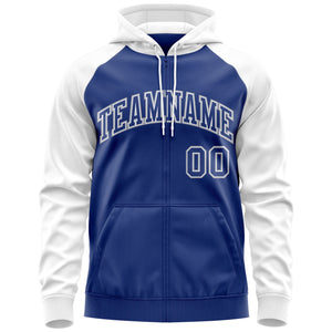 Custom Stitched Royal White-Gray Raglan Sleeves Sports Full-Zip Sweatshirt Hoodie