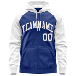 Custom Stitched Royal White Raglan Sleeves Sports Full-Zip Sweatshirt Hoodie