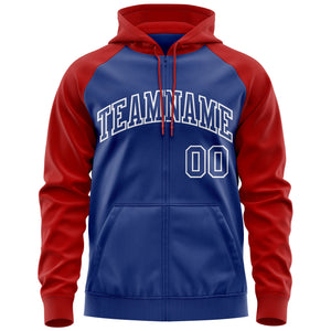 Custom Stitched Royal Red-White Raglan Sleeves Sports Full-Zip Sweatshirt Hoodie