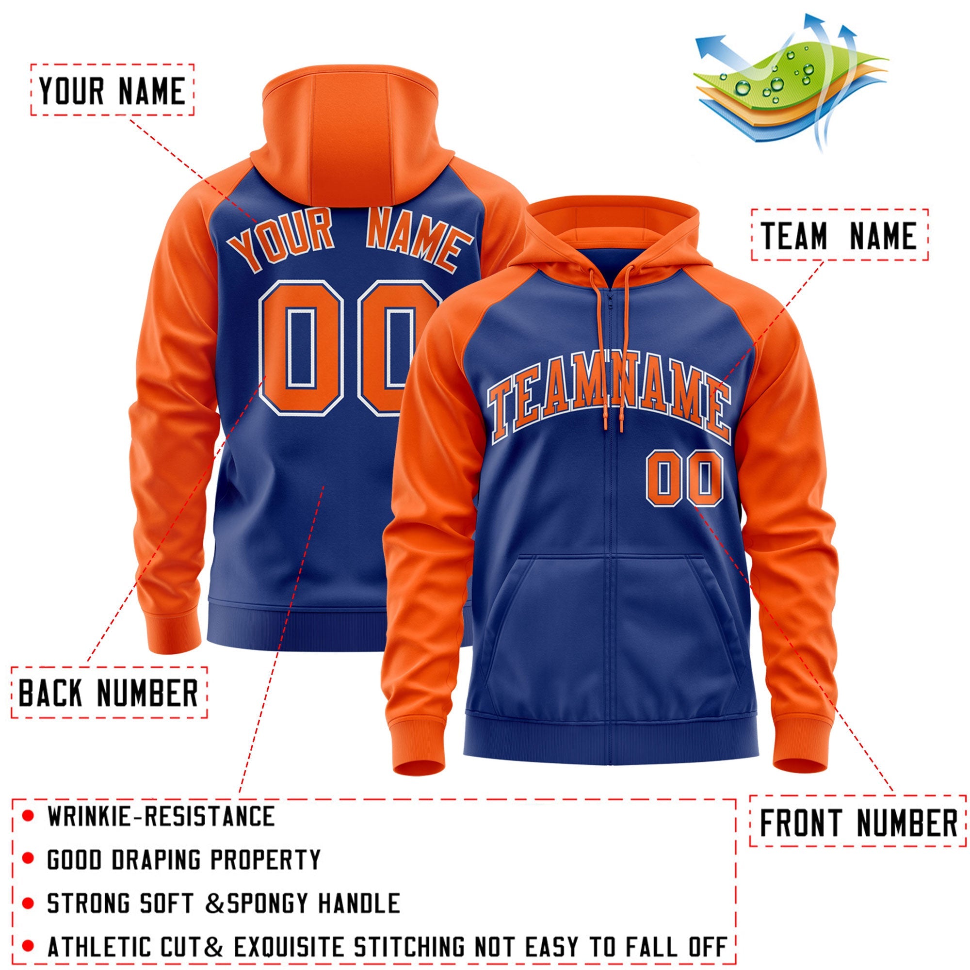 Custom Stitched Royal Orange-White Raglan Sleeves Sports Full-Zip Sweatshirt Hoodie