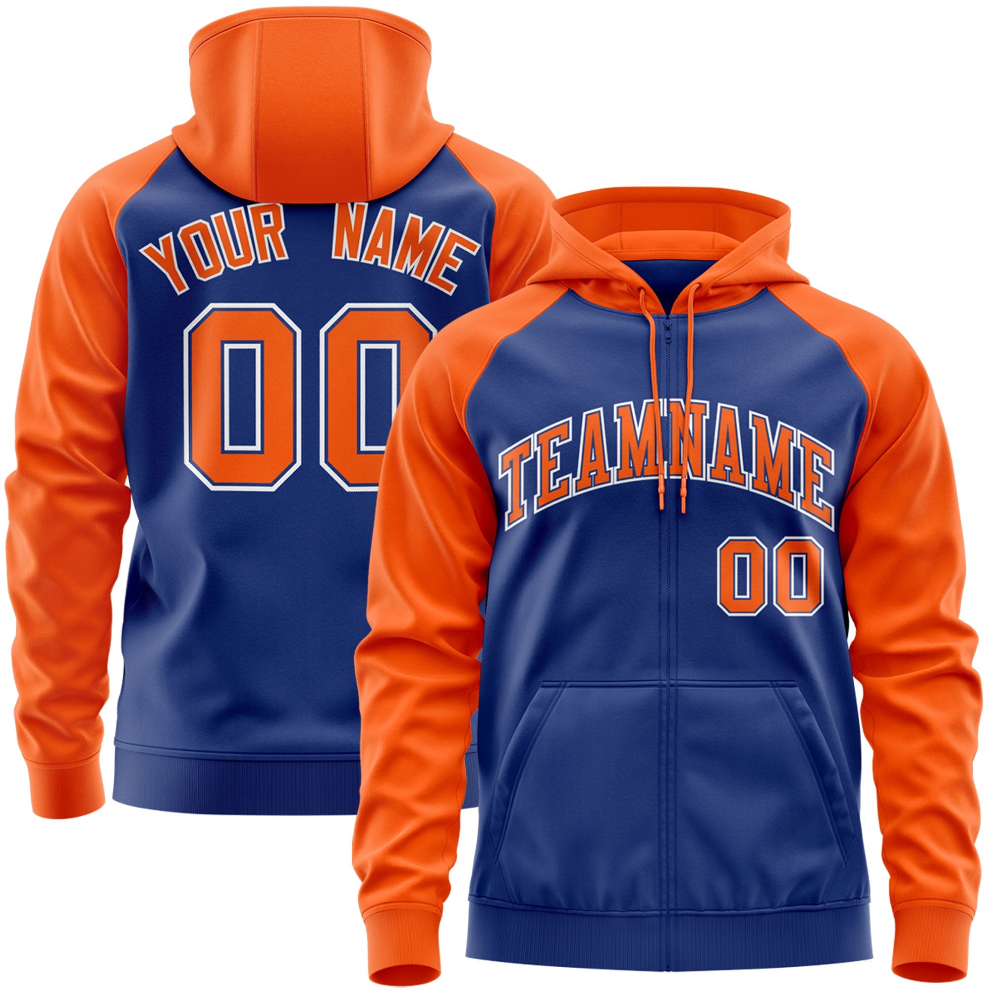 Custom Stitched Royal Orange-White Raglan Sleeves Sports Full-Zip Sweatshirt Hoodie