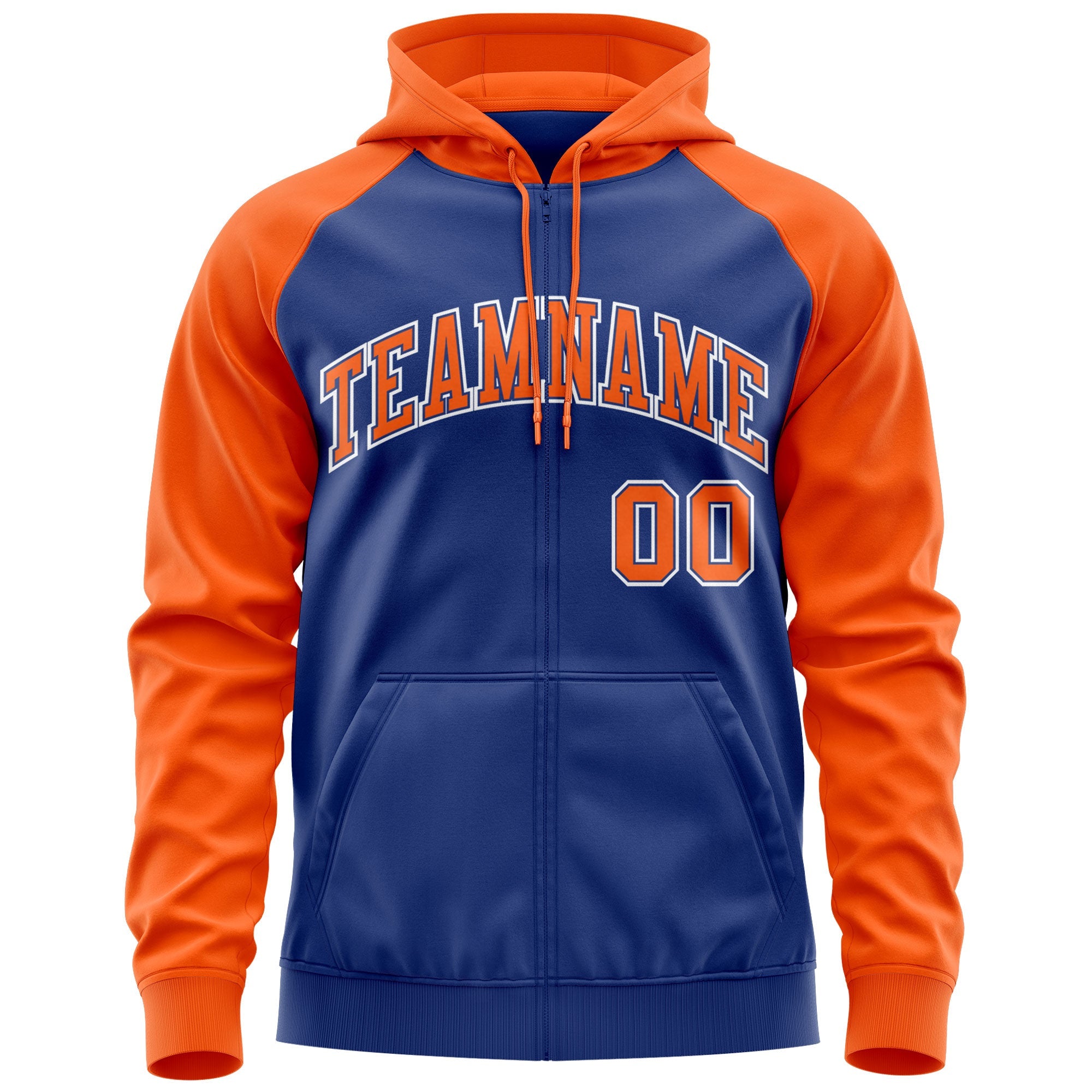 Custom Stitched Royal Orange-White Raglan Sleeves Sports Full-Zip Sweatshirt Hoodie