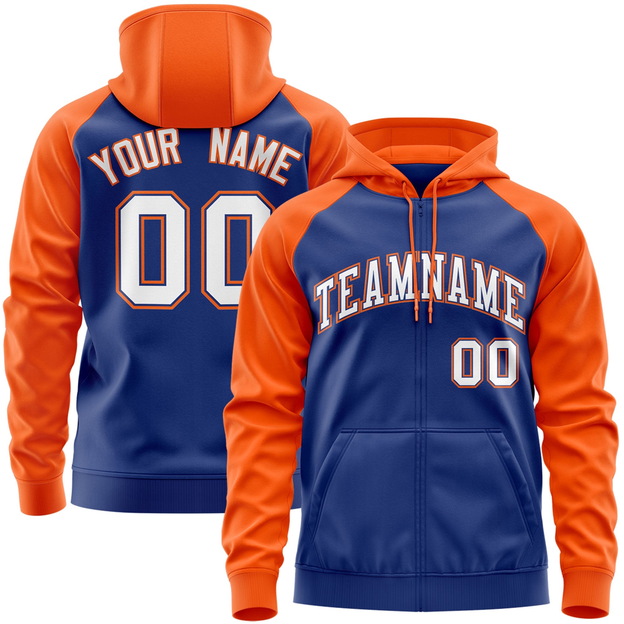 Custom Stitched Royal White-Orange Raglan Sleeves Sports Full-Zip Sweatshirt Hoodie