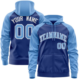 Custom Stitched Royal Light Blue-White Raglan Sleeves Sports Full-Zip Sweatshirt Hoodie