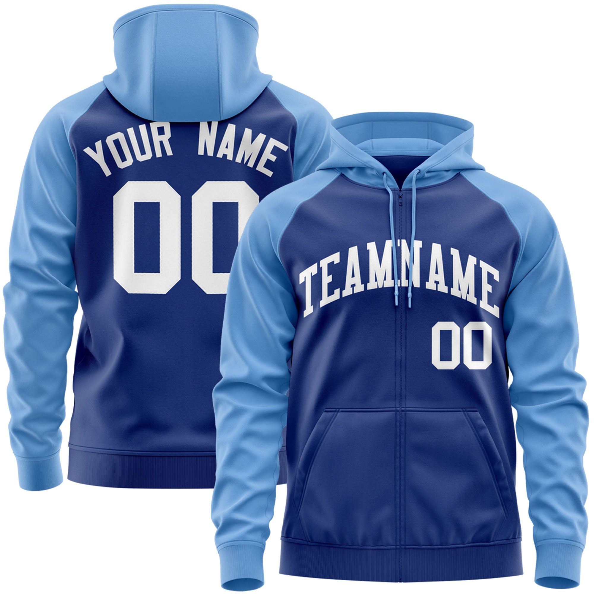 Custom Stitched Royal White-Light Blue Raglan Sleeves Sports Full-Zip Sweatshirt Hoodie