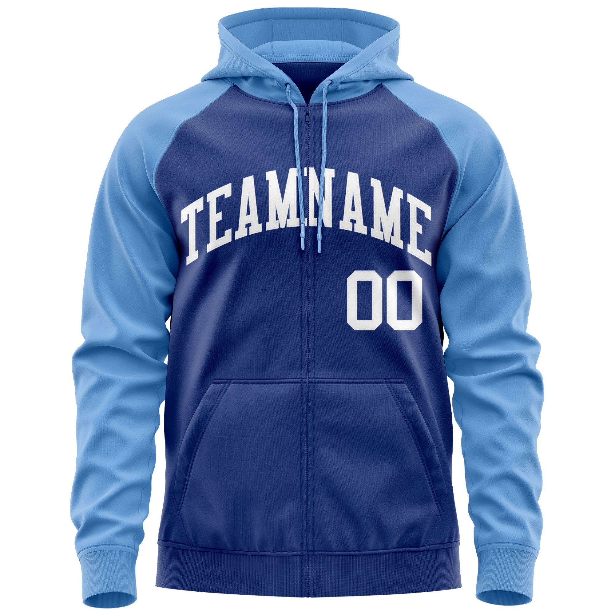 Custom Stitched Royal White-Light Blue Raglan Sleeves Sports Full-Zip Sweatshirt Hoodie