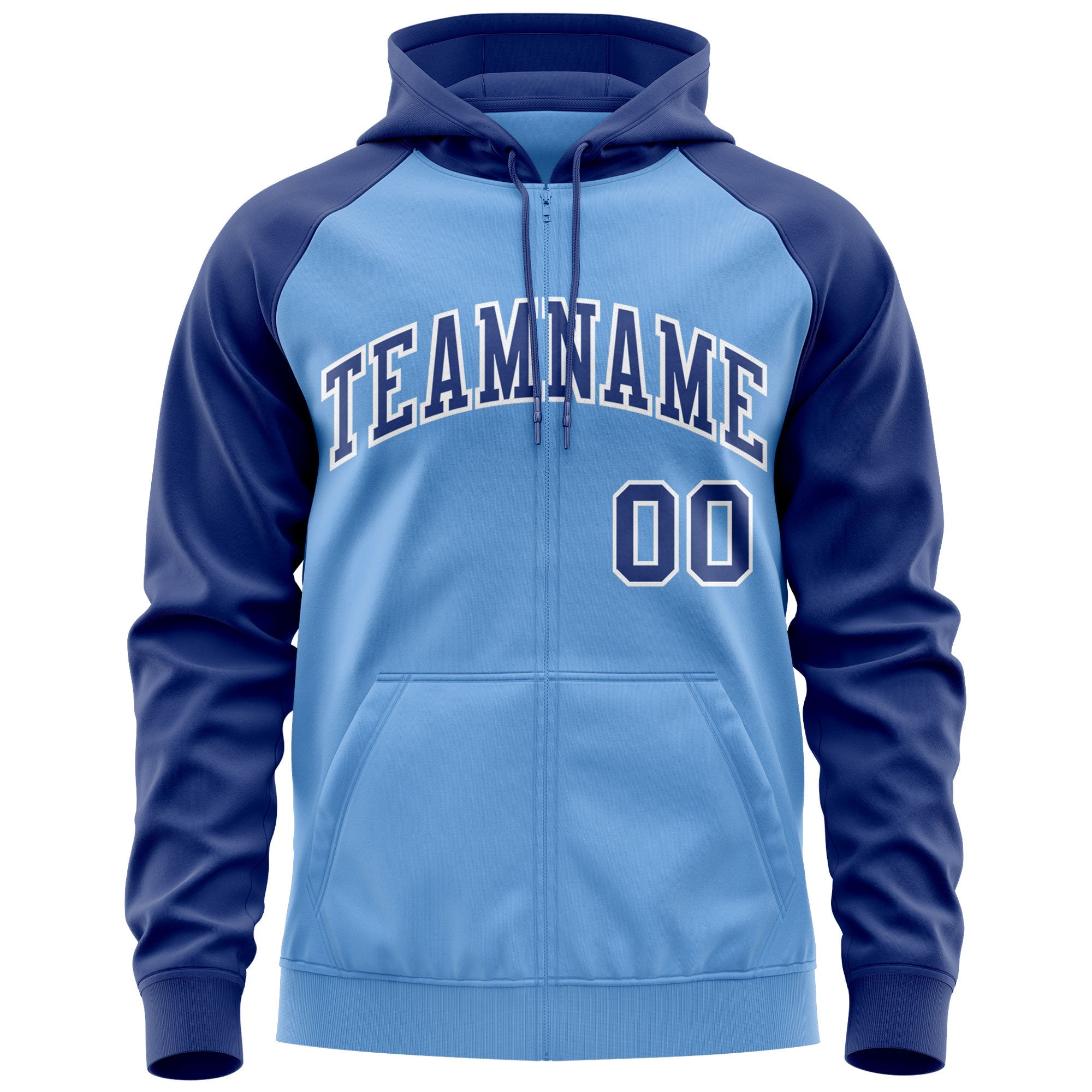 Custom Stitched Light Blue Royal-White Raglan Sleeves Sports Full-Zip Sweatshirt Hoodie