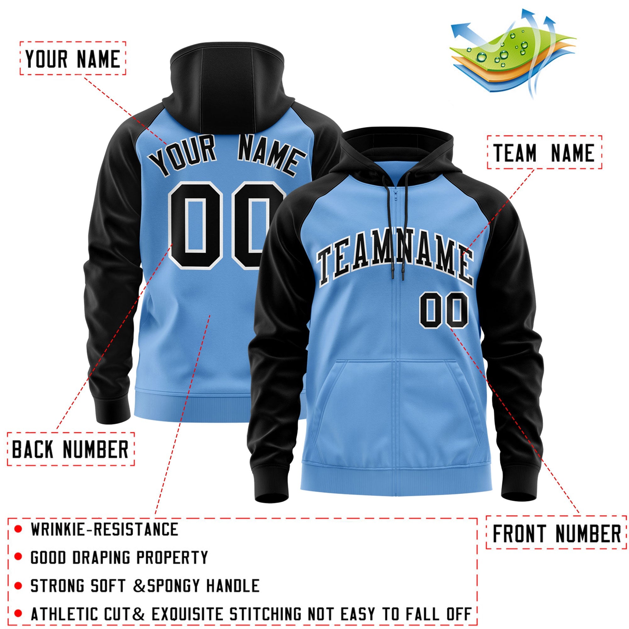 Custom Stitched Light Blue Black-White Raglan Sleeves Sports Full-Zip Sweatshirt Hoodie